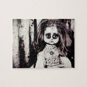 Creepy Vintage Doll in Black and White Jigsaw Puzzle
