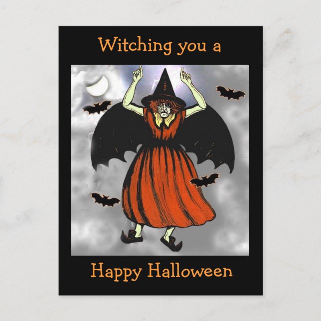Creepy Vintage Halloween Bat Witch Postcard (Front)