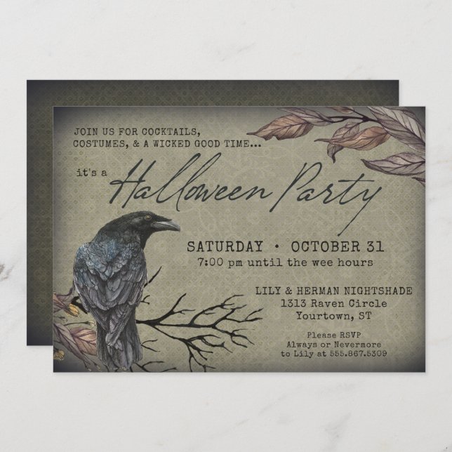 Creepy Vintage Raven Spooky Halloween Invitation (Front/Back)