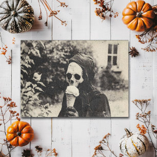Creepy Vintage Skeleton with ice cream Postcard