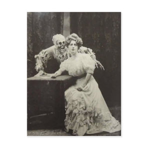 Creepy Vintage Victorian Woman with Skeleton Postcard