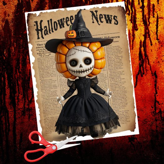 Creepy Voodoo Doll Witch's Hat Halloween Newspaper