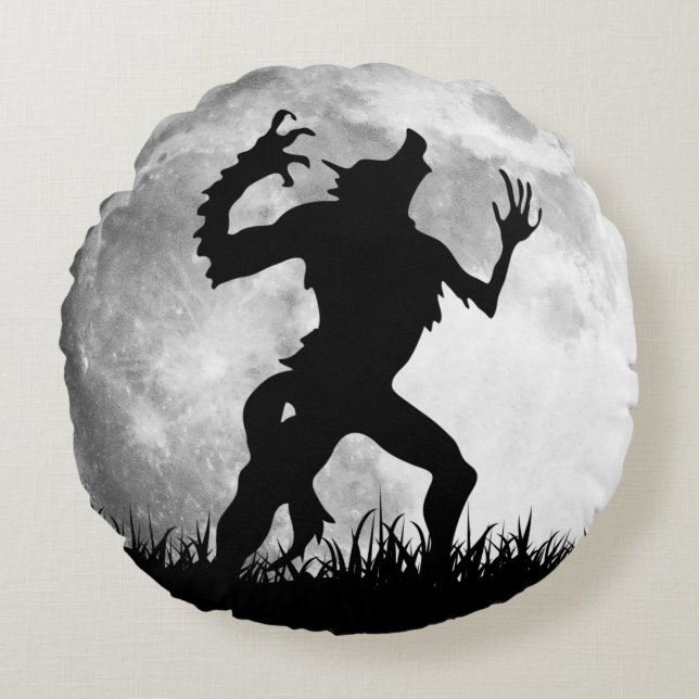Creepy Werewolf with a Full Moon Round Pillow (Front)