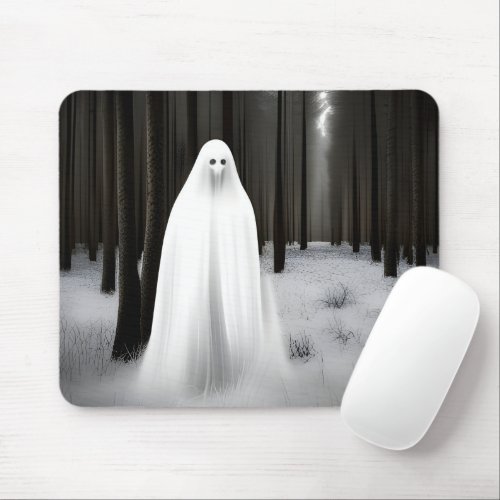 Creepy White Ghost in Forest Mouse Pad