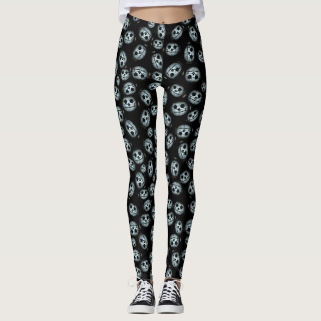 Creepy White Halloween Pumpkin Leggings (Front)
