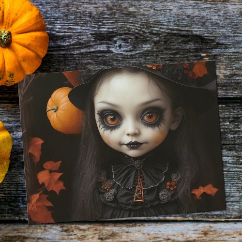 Creepy Witch Doll Orange Eyes Haunting Halloween Holiday Postcard