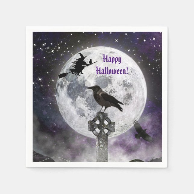 Creepy Witch & Full Moon Halloween Paper Napkin (Front)