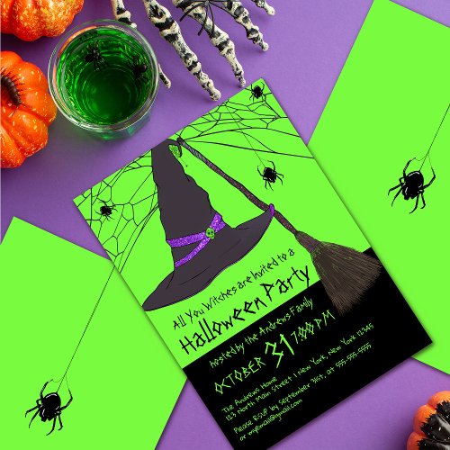 Creepy Witch Hat Spider Web Halloween Party Invitation