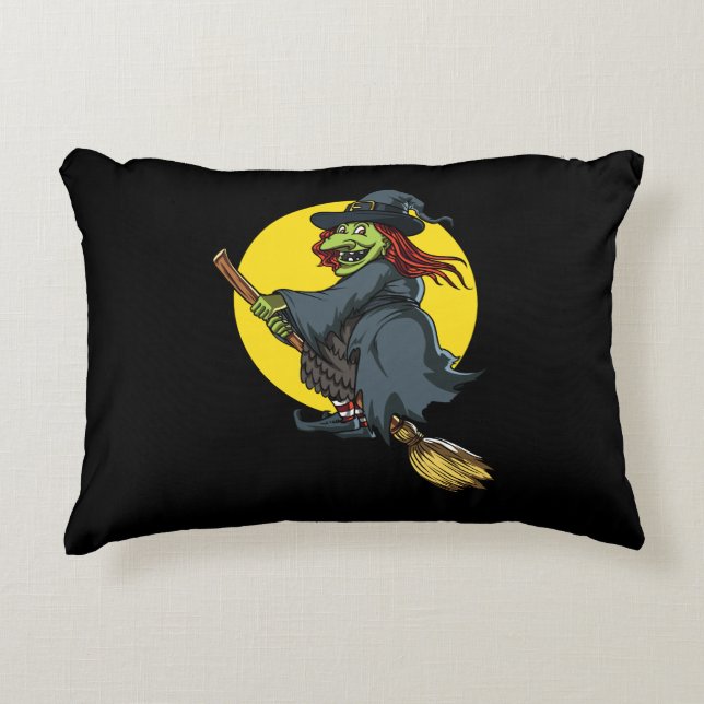 Creepy Witch Riding A Broom Halloween Party Accent Pillow (Front)