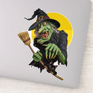 CREEPY WITCH with BROOM and BLACK CAT Sticker