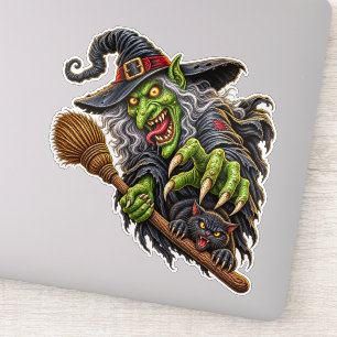 CREEPY WITCH with BROOM and BLACK CAT Sticker