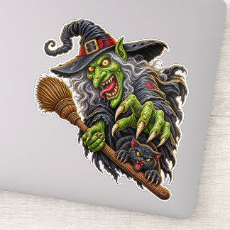 CREEPY WITCH with BROOM and BLACK CAT Sticker