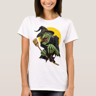 CREEPY WITCH with BROOM and BLACK CAT T-Shirt