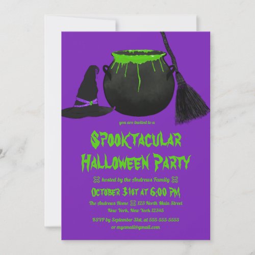 Creepy Witches Cauldron Hat Broom Halloween Invita Invitation