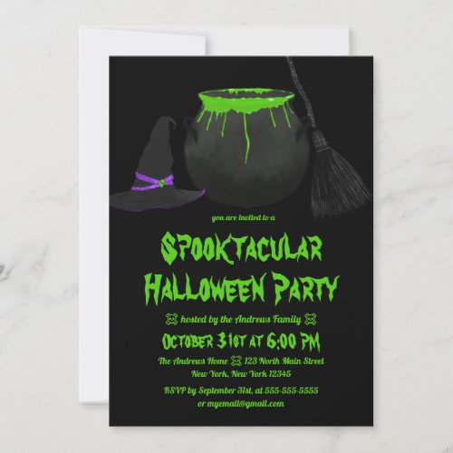 Creepy Witches Cauldron Hat Broom Halloween Invitation