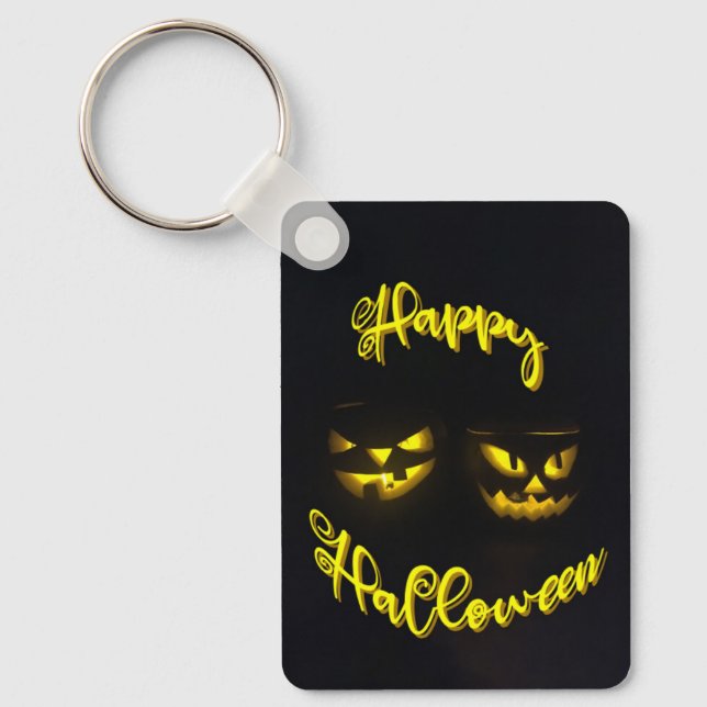 Creepy yellow glow pumpkin face Happy Halloween Keychain (Front)