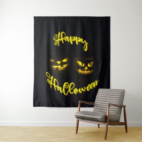 Creepy yellows on black Happy Halloween party  Tapestry