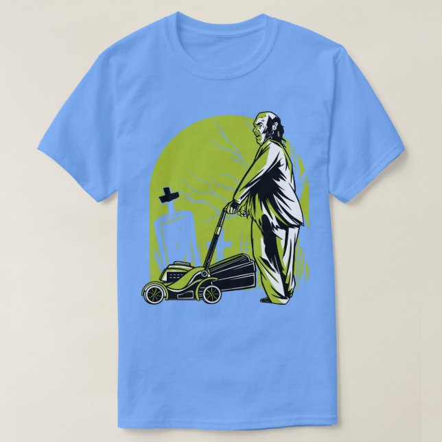 Creepy Zombie Mowing the Lawn in the Graveyard T-Shirt (Design Front)