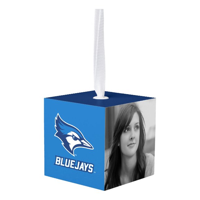 Creighton University Bluejay with Wordmark Cube Ornament (Back Angled)