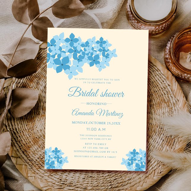 creme and blue hydrangea floral bridal shower invitation (Creator Uploaded)