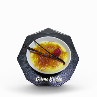 Creme brulee on slate with raspberry and vanilla acrylic award