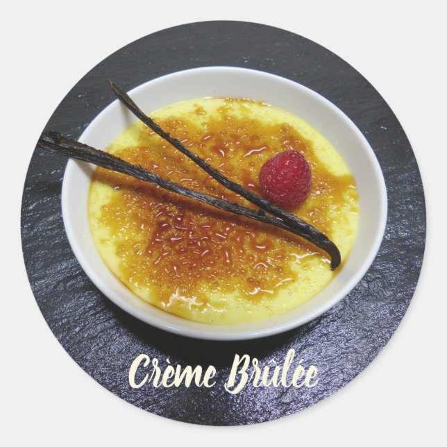 Creme brulee on slate with raspberry and vanilla classic round sticker (Front)