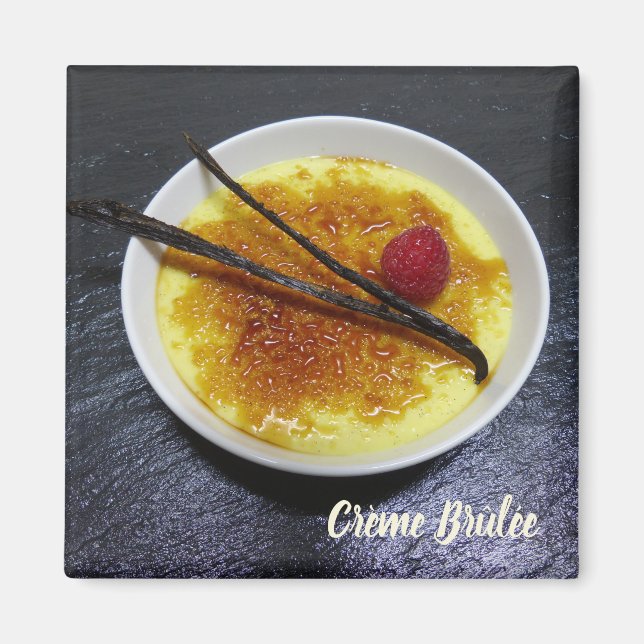 Creme brulee on slate with raspberry and vanilla magnet (Front)