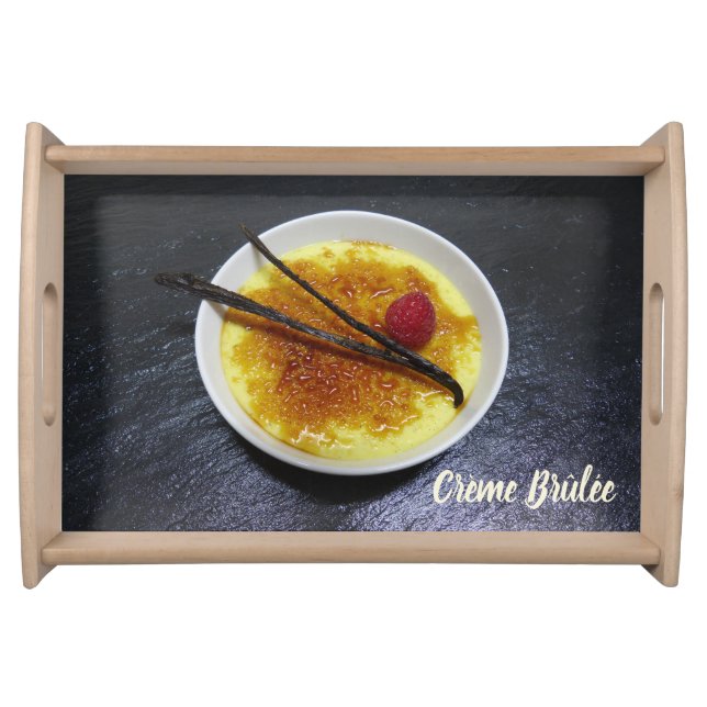 Creme brulee on slate with raspberry and vanilla serving tray (Front)