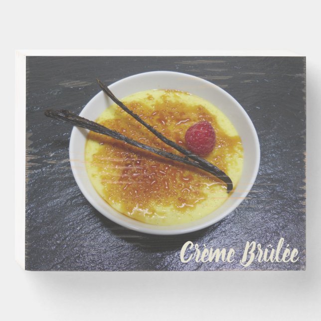 Creme brulee on slate with raspberry and vanilla wooden box sign (Front Horizontal)