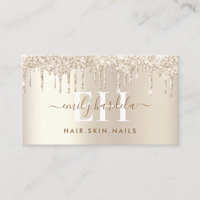 Creme Champagne Gold Glitter Drip Business Card (Front)