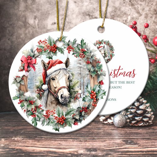 Cremello horse Christmas holly berry wreath Ceramic Ornament