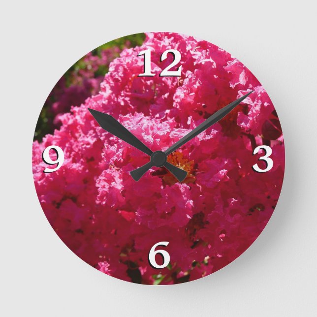Crepe Myrtle Tree Magenta Floral Round Clock (Front)