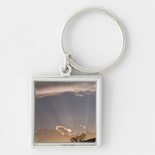 Crepuscular rays radiate across the sky at keychain