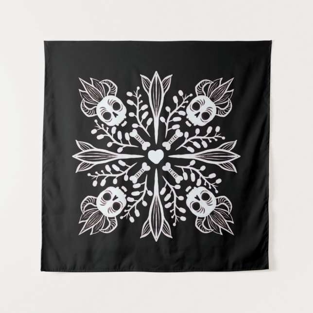 Crepy Cute Skulls - Black And White Halloween Tapestry (Front)