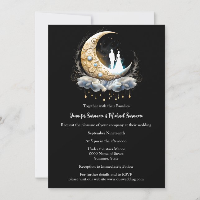 Crescent celestial blue white black couple moon  invitation (Front)