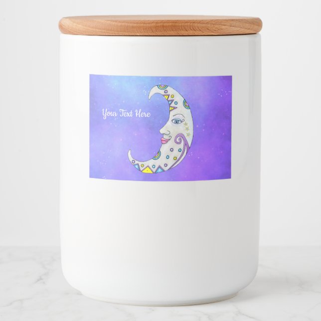 Crescent Decorated Moon Colorful Face Purple Sky Food Label (Front)