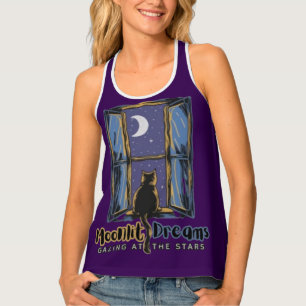 Crescent Dreams: Black Cat and Starry Sky Tank Top
