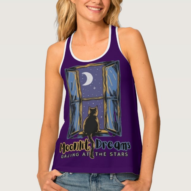 Crescent Dreams: Black Cat and Starry Sky Tank Top (Front)