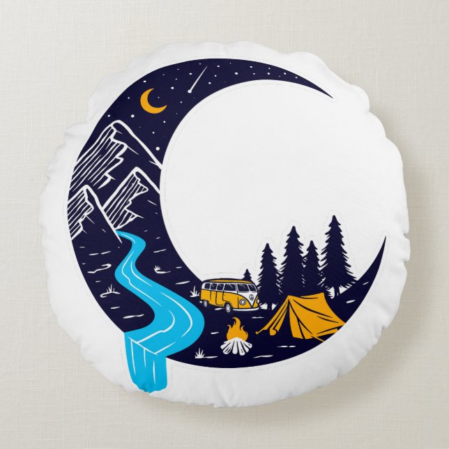 Crescent Moon Adventure Camping Round Pillow (Front)