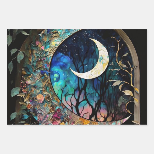 Crescent Moon Alcohol Ink Wrapping Paper Sheets (Front)