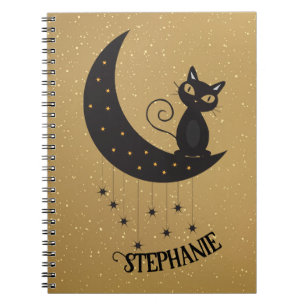 Crescent Moon And Black Cat Gold Notebook