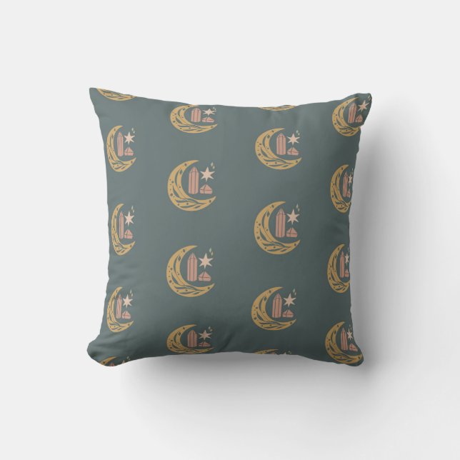 Crescent Moon and Crystal Pattern Throw Pillow (Front)
