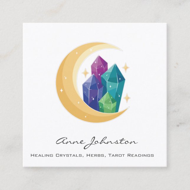 Crescent Moon and Crystals Square Business Card (Front)