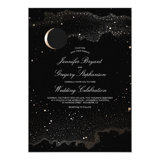 Crescent Moon And Night Stars Modern Wedding Invitation