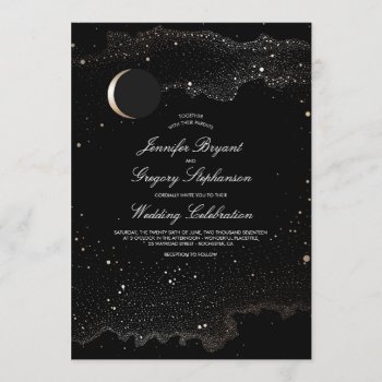 Crescent Moon And Night Stars Modern Wedding Invitation by jinaiji at Zazzle