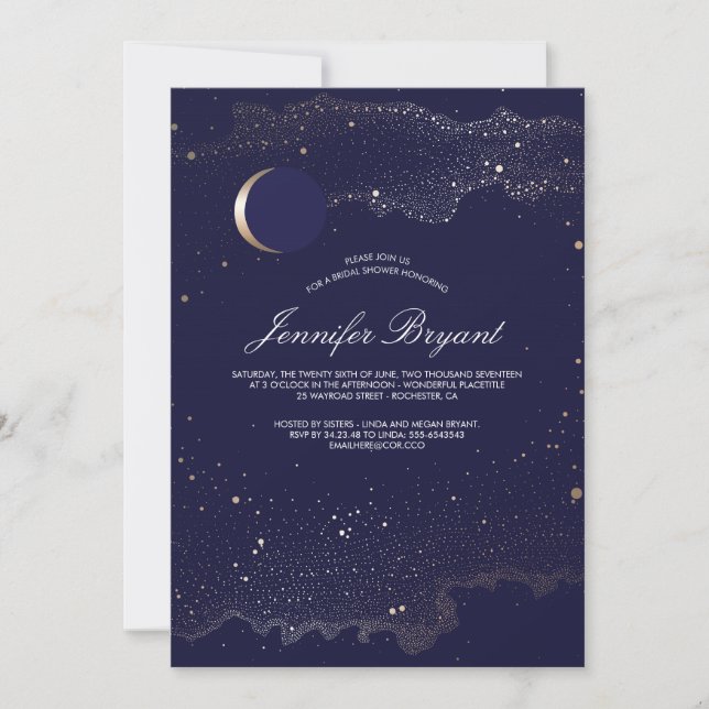Crescent Moon and Night Stars Navy Bridal Shower Invitation (Front)