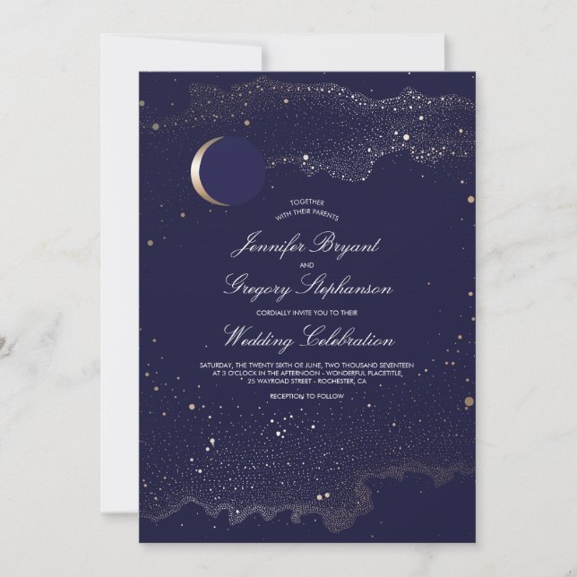 Crescent Moon and Night Stars Navy Wedding Invitation (Front)