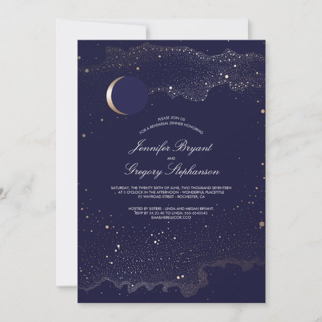 Crescent Moon and Night Stars Rehearsal Dinner Invitation (Front)