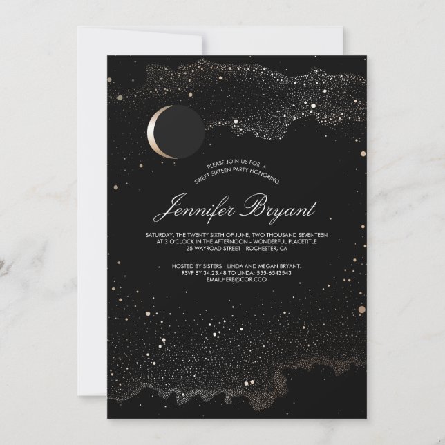 Crescent Moon and Night Stars Sweet 16 Invitation (Front)