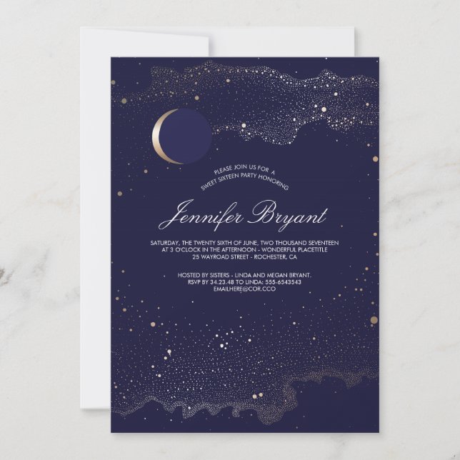 Crescent Moon and Night Stars Sweet 16 Invitation (Front)